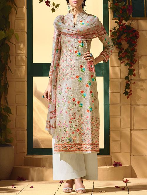 white cotton semistitched suit - 14455029 - Very Small Image - 1