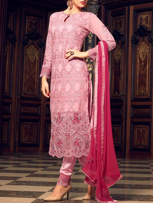 pink georgette semistitched suit - 14455275 - Very Small Image - 1