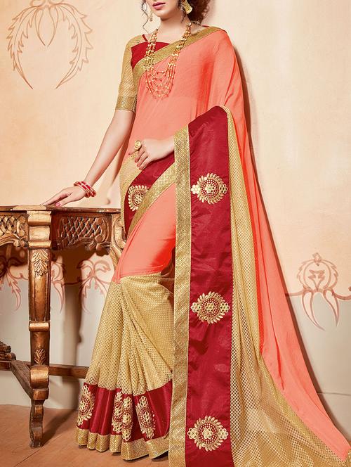 orange chiffon embroidered saree with blouse - 14455331 - Very Small Image - 1