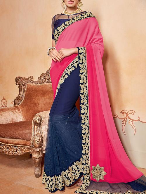 pink chiffon embroidered saree with blouse - 14455332 - Very Small Image - 1