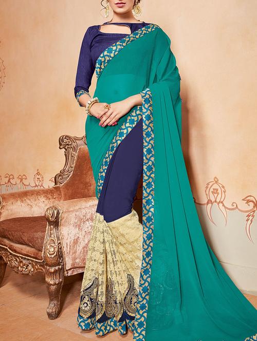 blue embroidered saree with blouse - 14455339 - Very Small Image - 1