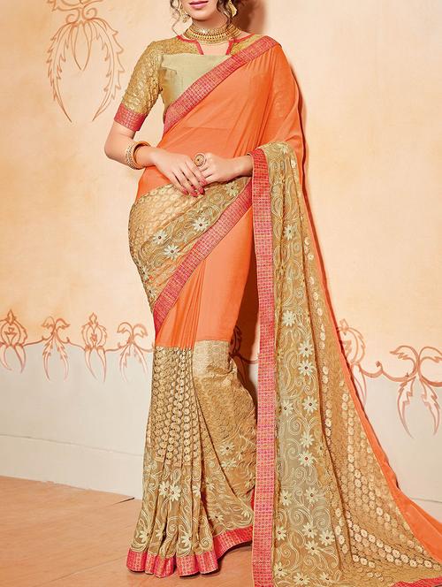 orange chiffon embroidered saree with blouse - 14455341 - Very Small Image - 1