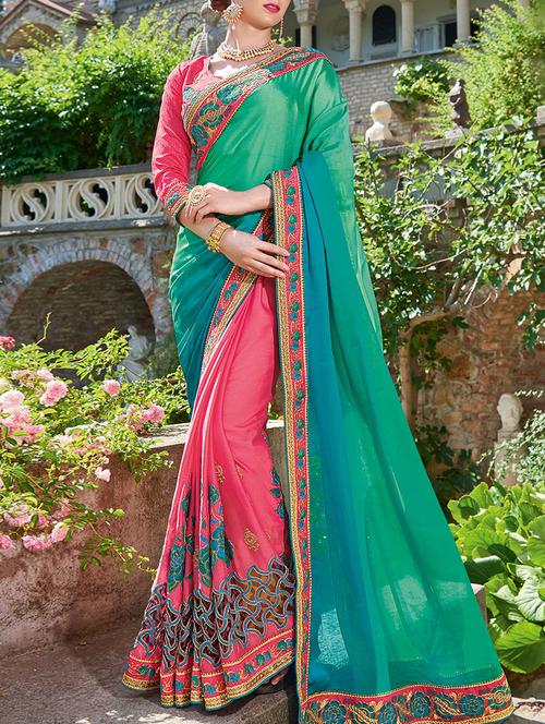 turquoise half and half saree with blouse - 14455400 - Very Small Image - 1
