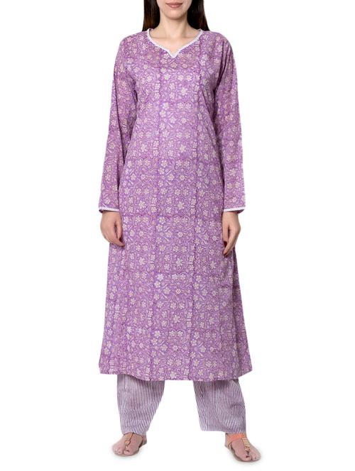 pink lemon block printed purple kurta bottom set - 14455770 - Very Small Image - 1