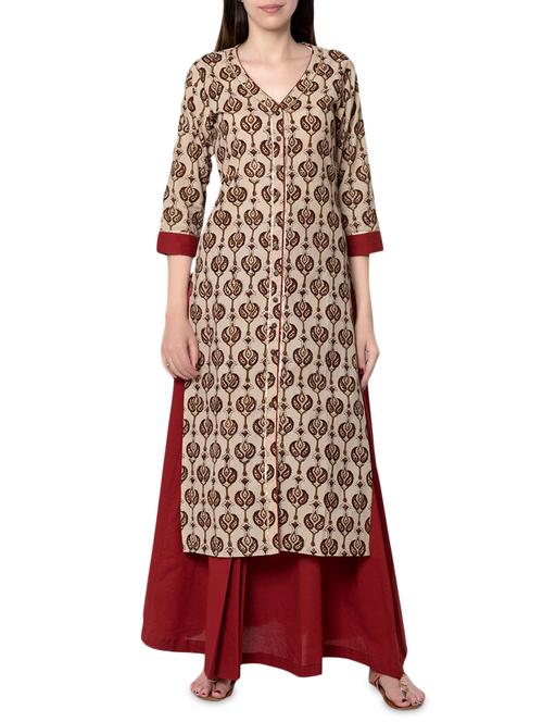 pink lemon block printed beige kurta plazzo set - 14455787 - Very Small Image - 1