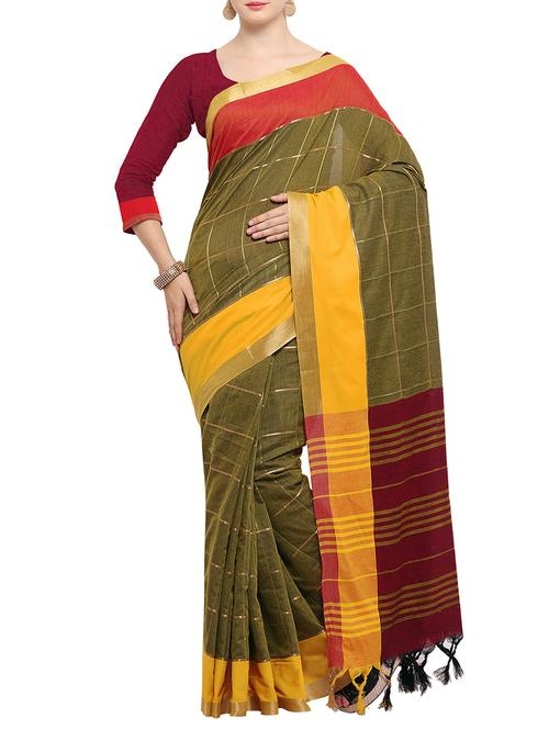 olive green silk blend handloom saree with blouse - 14456843 - Very Small Image - 1