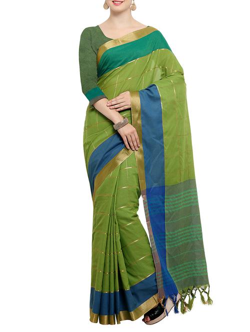 green silk blend handloom saree with blouse - 14456845 - Very Small Image - 1