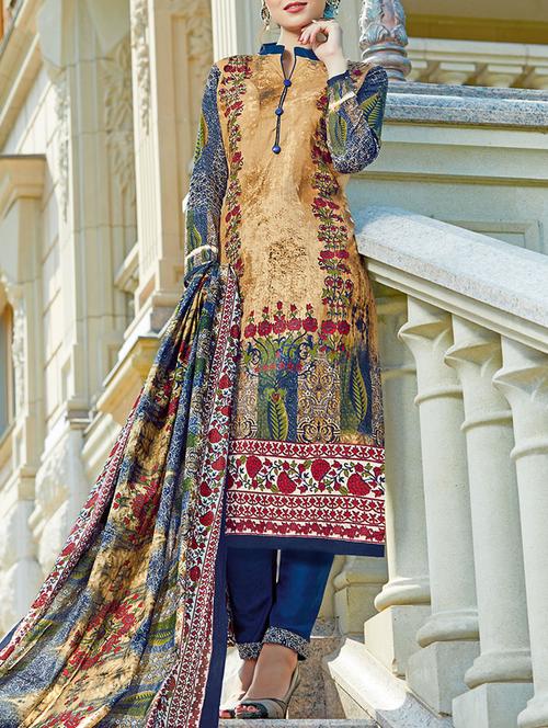 biege cotton unstitched dress material - 14456924 - Very Small Image - 1
