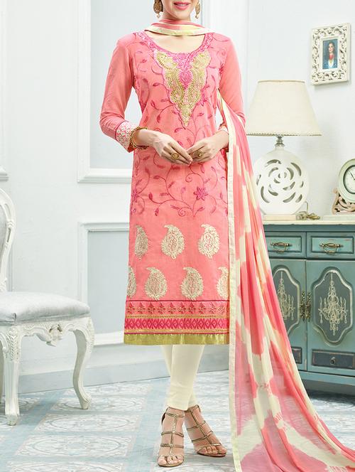 pink silk blend embroidered unstitched dress material - 14456931 - Very Small Image - 1
