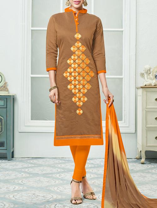 brown silk blend embroidered unstitched dress material - 14456939 - Very Small Image - 1