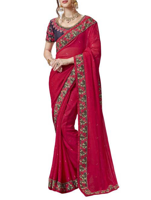 red georgette embroidered saree with blouse - 14458039 - Very Small Image - 1