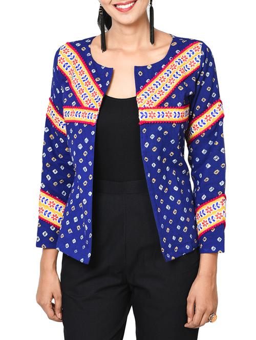 prathaa blue bandhani jacket with embroidery and pom pom - 14463256 - Very Small Image - 1