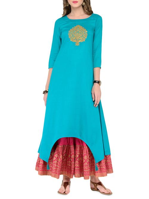 embroidered motif kurta with foil printed skirt set - 14463298 - Very Small Image - 1
