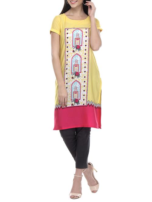 yellow colored crepe straight kurti - 14463924 - Very Small Image - 1