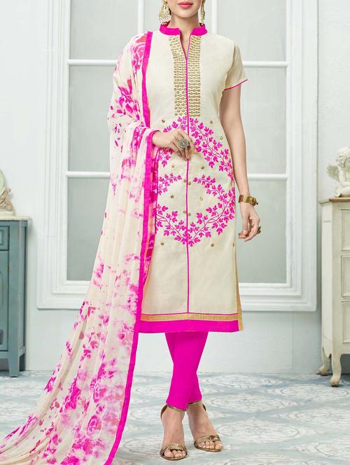 white chanderi cotton dress material - 14466935 - Very Small Image - 1