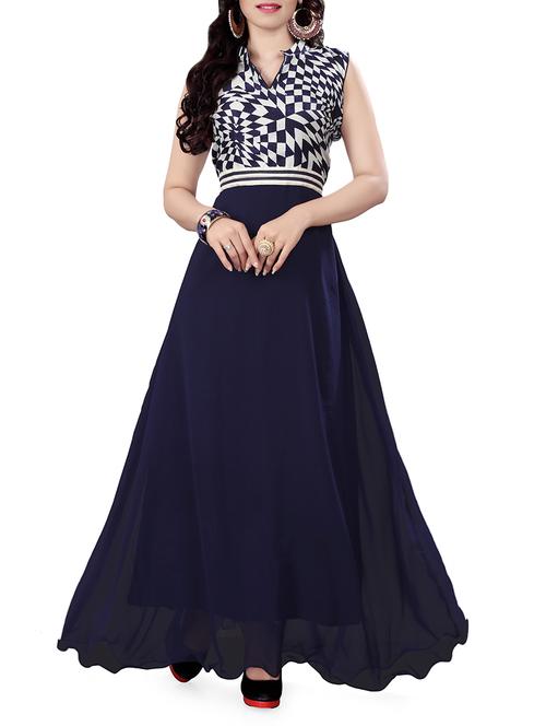 blue georgette fit & flare gown - 14467091 - Very Small Image - 1