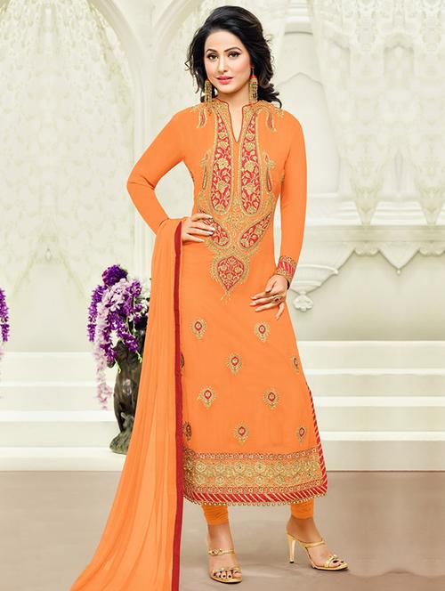 orange georgette churidaar suits dress material - 14469759 - Very Small Image - 1