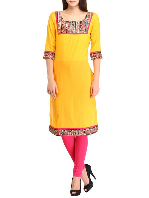 yellow cotton straight kurta - 14476509 - Very Small Image - 1