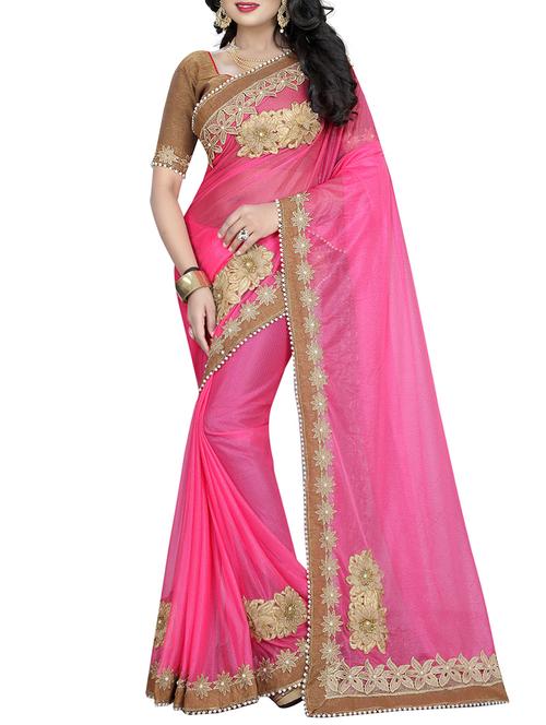 pink lycra embroidered saree with blouse - 14477856 - Very Small Image - 1