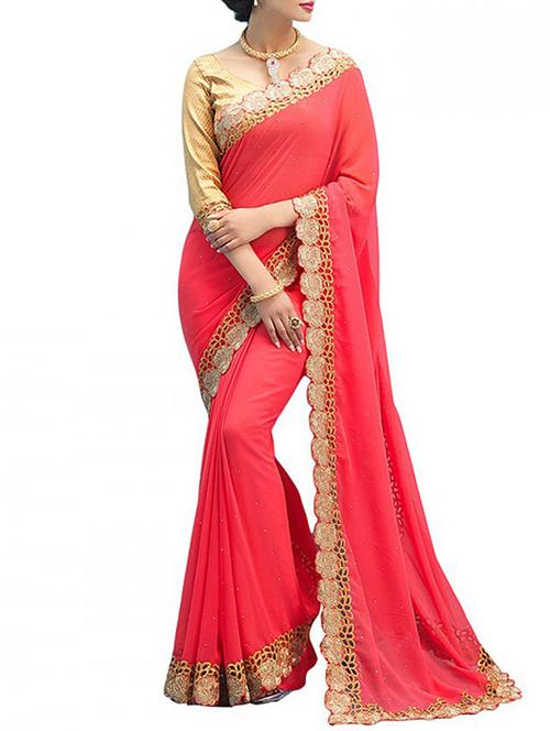 red georgette bordered saree with blouse - 14477880 - Very Small Image - 1