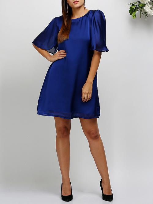 flounce sleeves solid a-line dress - 14478501 - Very Small Image - 1