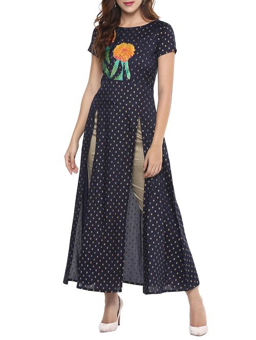 navy blue poly silk double slit kurta - 14478900 - Very Small Image - 1