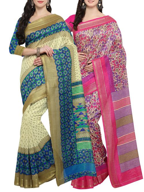 multi colored cotton printed combo saree with blouse - 14482913 - Very Small Image - 1