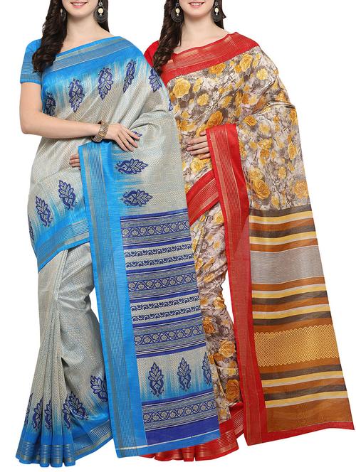 multi colored cotton printed combo saree with blouse - 14482916 - Very Small Image - 1