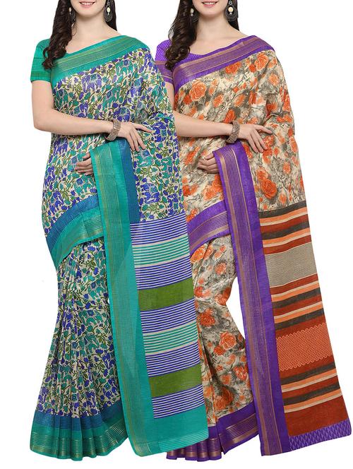 multi colored cotton printed combo saree with blouse - 14482923 - Very Small Image - 1