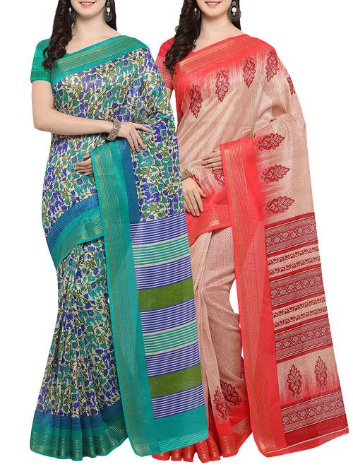 multi colored cotton printed combo saree with blouse - 14482925 - Very Small Image - 1