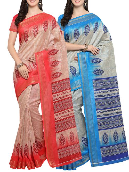 multi colored cotton printed combo saree with blouse - 14482926 - Very Small Image - 1