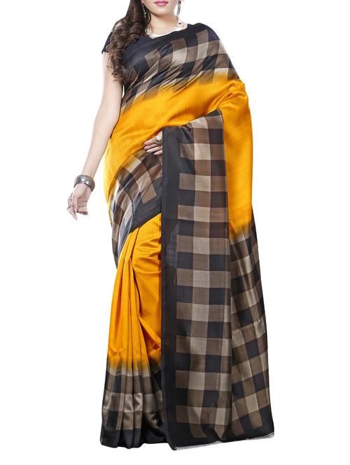 yellow cotton silk printed saree with blouse - 14483218 - Very Small Image - 1