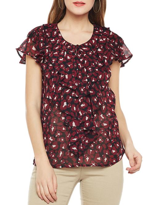 ruffled key hole front sheer top - 14486484 - Very Small Image - 1