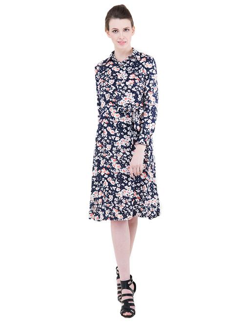 navy blue floral belted dress - 14487562 - Very Small Image - 1