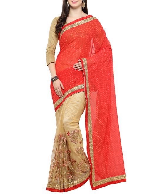 red poly georgette half and half saree with blouse - 14487957 - Very Small Image - 1