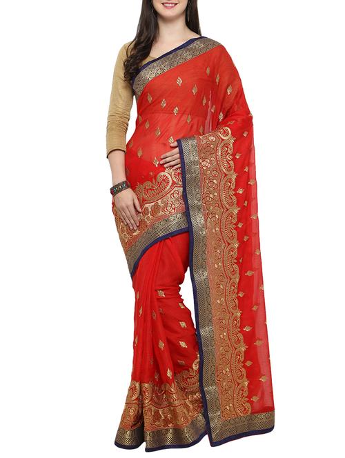 red embroidered saree with blouse - 14487963 - Very Small Image - 1