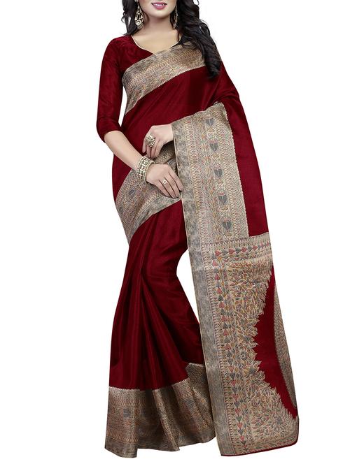 maroon cotton printed saree with blouse - 14489001 - Very Small Image - 1