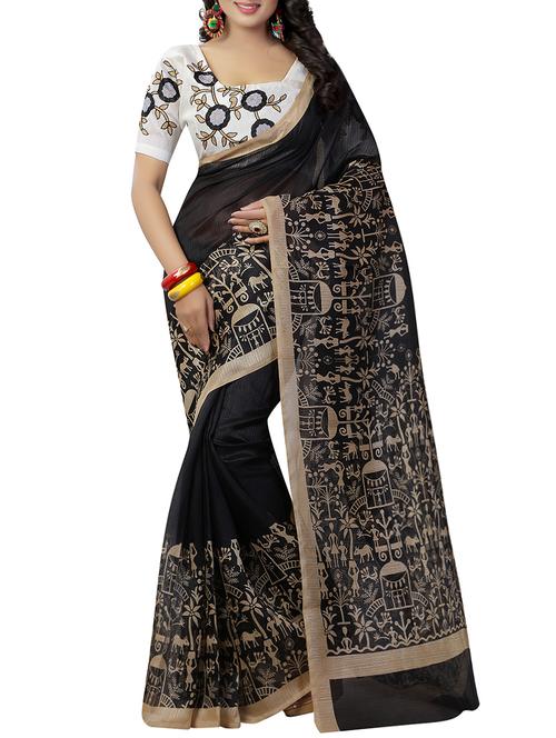 black cotton warli printed saree with blouse - 14489007 - Very Small Image - 1