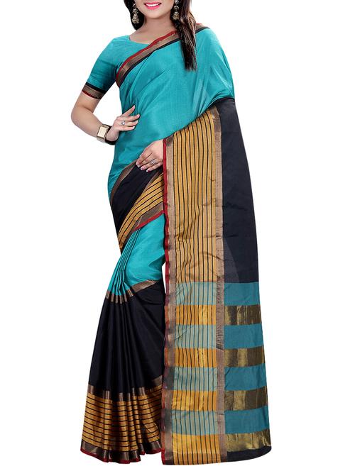 black and turquoise bordered saree with blouse - 14489020 - Very Small Image - 1