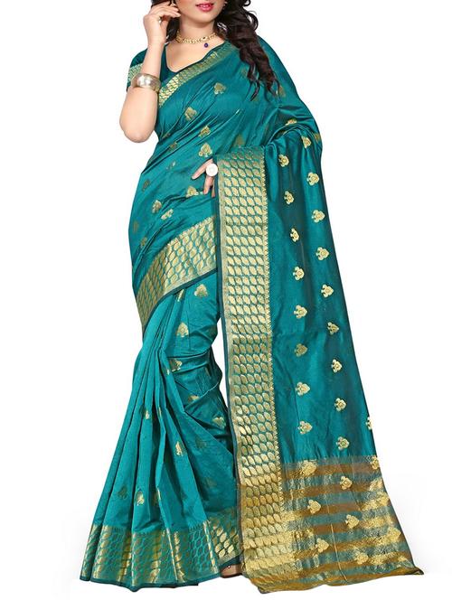 turquoise poly cotton woven saree with blouse - 14492829 - Very Small Image - 1