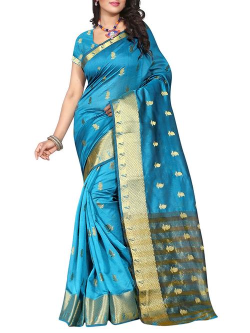 turquoise poly cotton woven saree with blouse - 14492833 - Very Small Image - 1