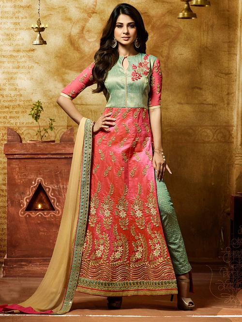 pink semi-stitched straight pant suit - 14492957 - Very Small Image - 1