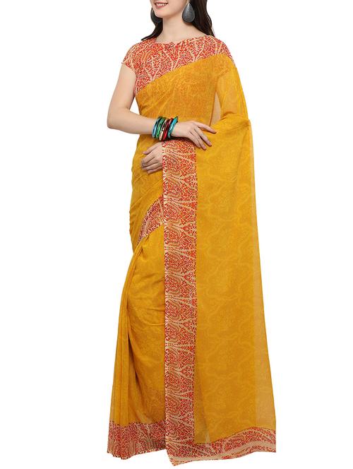 contrast printed border saree with blouse - 14494199 - Very Small Image - 1