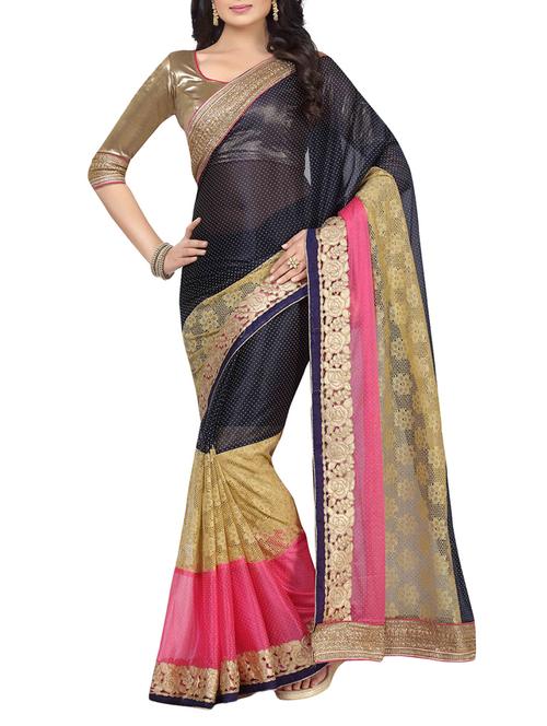 navy blue embroidered saree with blouse - 14494584 - Very Small Image - 1
