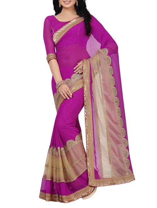 purple poly georgette embroidered saree with blouse - 14494591 - Very Small Image - 1