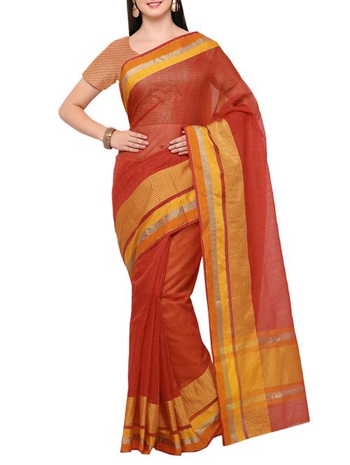 orange poly linen bordered saree with blouse - 14495226 - Very Small Image - 1