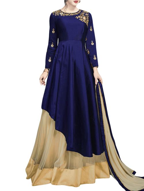 embroidered blue semi-stitched skirt suit - 14495662 - Very Small Image - 1