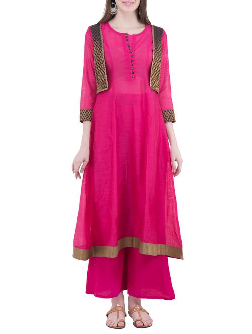 magenta chanderi flared kurta with chuddidar set - 14497567 - Very Small Image - 1