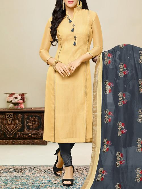 yellow chanderi cotton unstitched suit - 14499784 - Very Small Image - 1