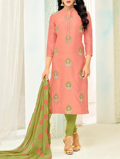 peach chanderi cotton unstitched suit - 14499797 - Very Small Image - 1